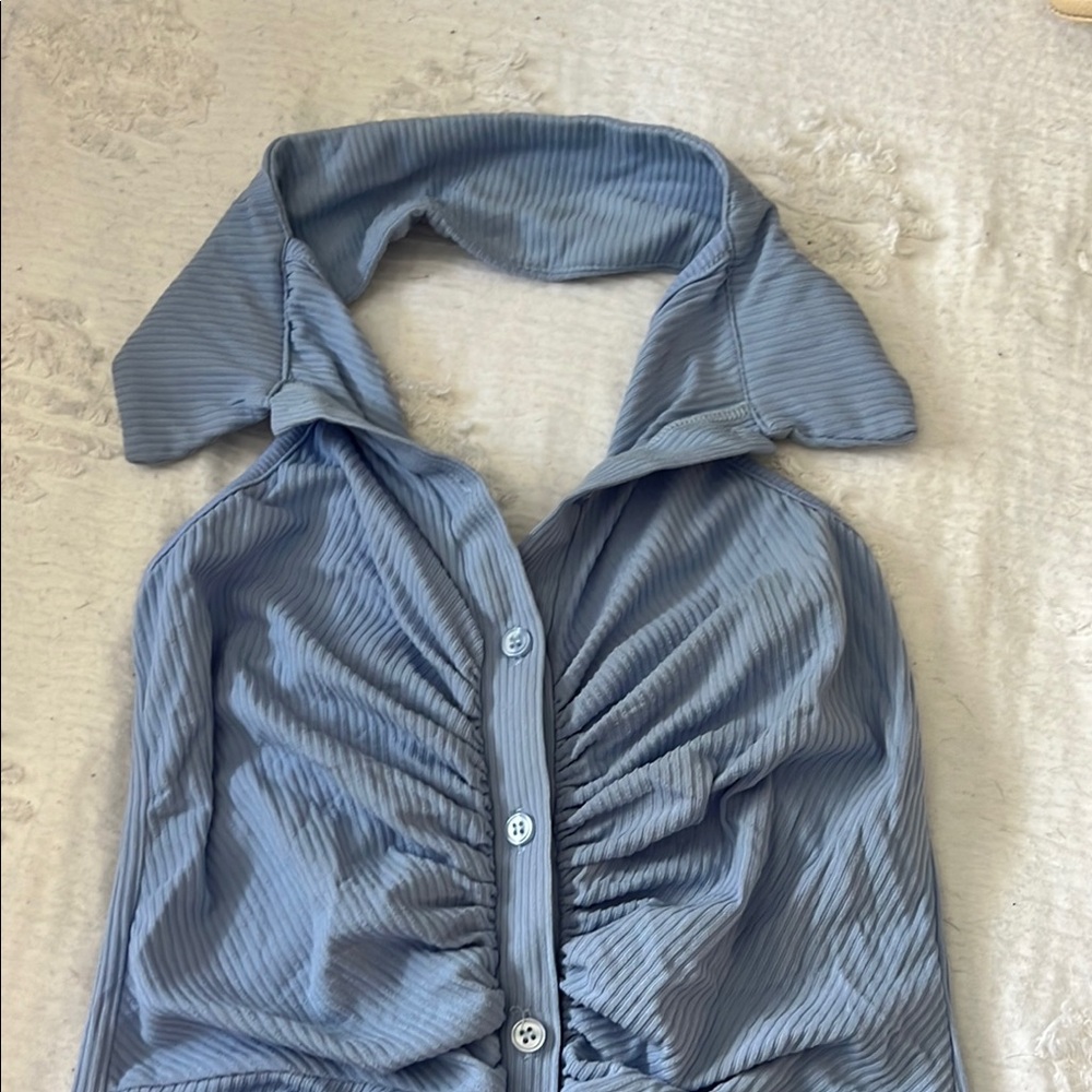 Chic Blue Ruched Button-Up Top - Picture 2 of 6